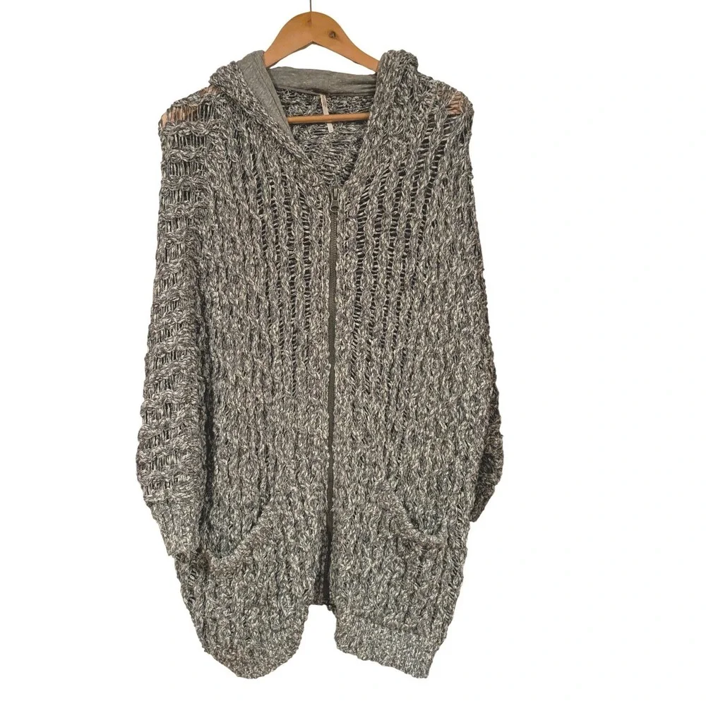 Free People Oversized Knit Hooded Cardigan Sweater Gray White Open Weave‎